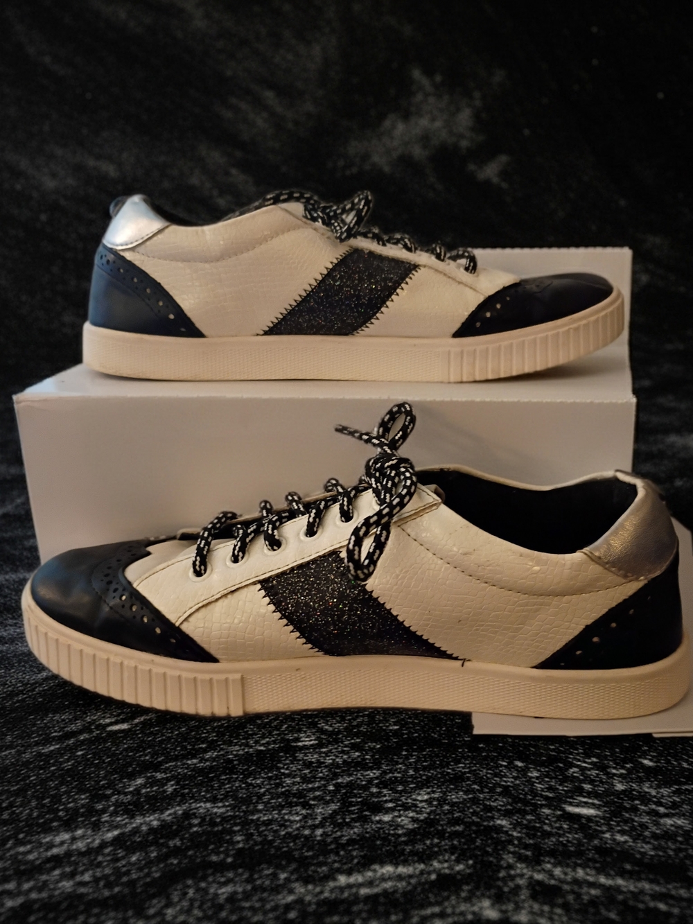 Yellow Box White Sneakers with Black Glitter Stripe
